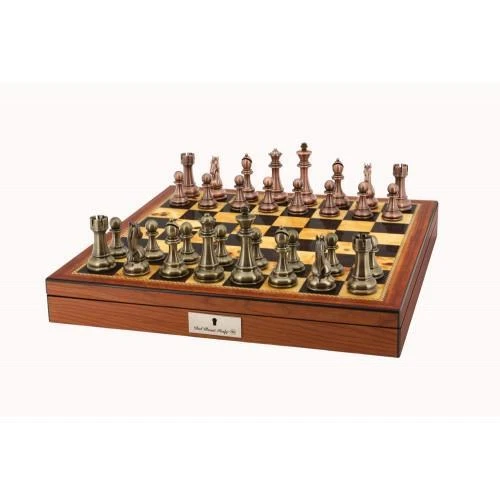 DAL ROSSI ITALY CHESS SET COPPER & BRONZE SHINY WALNUT FINISH BOX 50 CM