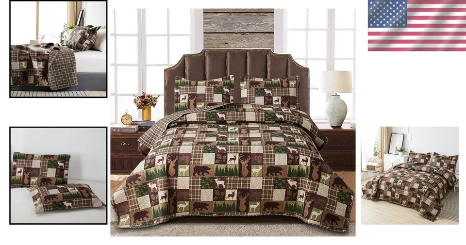 Reversible Lodge Plaid Bedding Quilt Set Full Queen Moose Bear Cabin Decor - Image 2 of 4