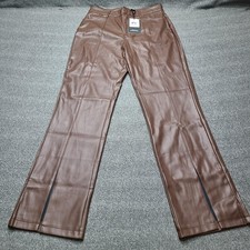 Whatffy Pants Womens 2XL Brown Faux Leather High Rise Split Hem Flare Trousers