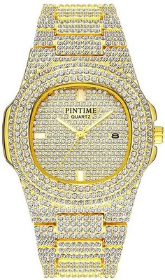 Gold Bling Watch with Rhinestone Decor Unisex Stainless Steel Water Resistant...