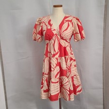 Evereve Hutch XS Coral Plumeria Floral Tiered Puff Sleeves Tropical Mini Dress