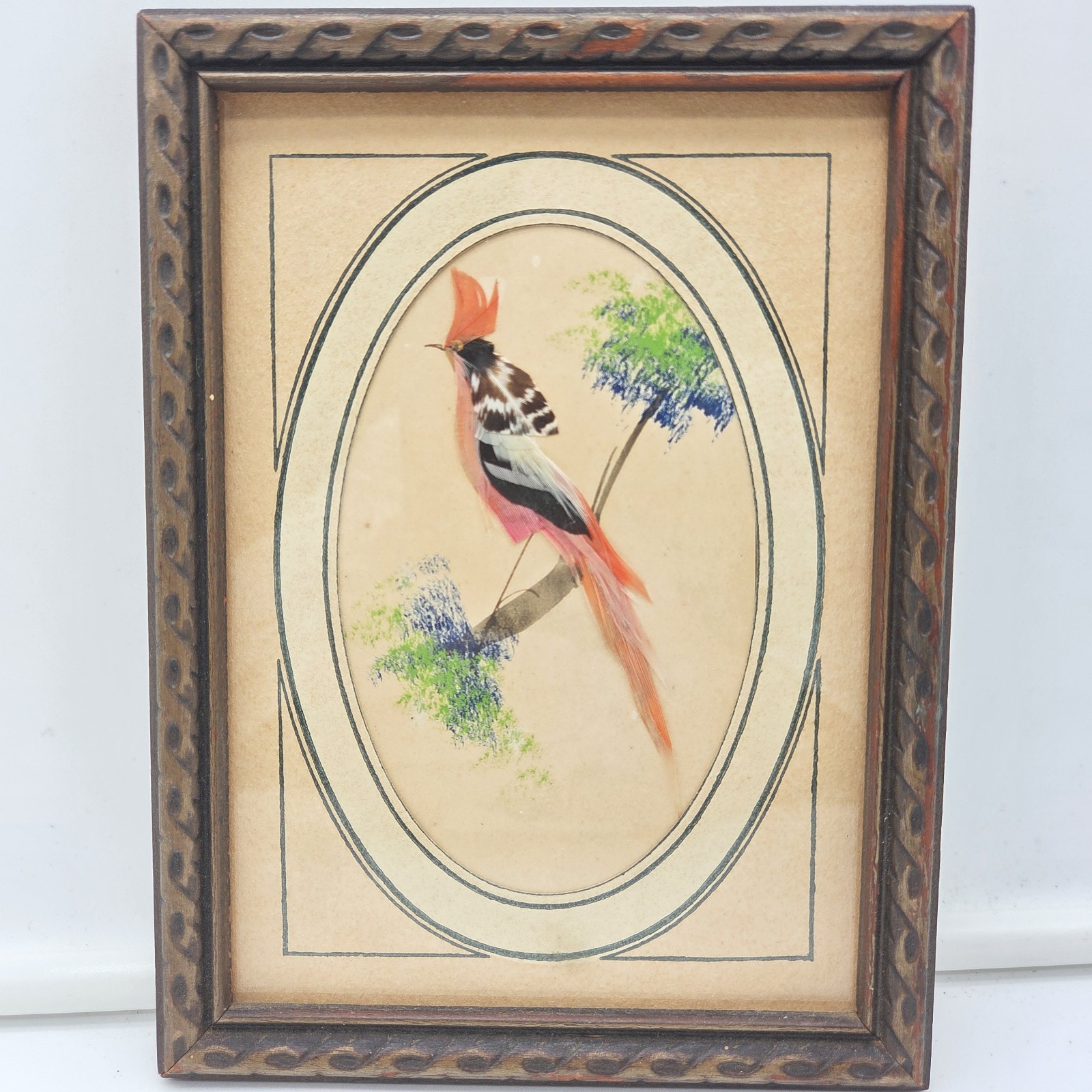 Vintage 1960's Handmade Feather Art Bird Pictures — Pair — 6" x 7.5" Framed Folk