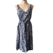 NWT GAP Belted Zebra Print Linen Blend Midi Dress in Blue/White Size Small