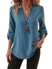 Women Boyfriend Shirts Button Down Long Sleeve Blouse Cuffed Sleeve1851