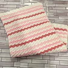 VTG Baby Handmade Crochet Chevron 3 tone Pink White Knit Afghan Blanket 40x52