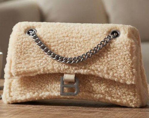 Balenciaga Crush Small Chain Bag w/ Faux Shearling, Cream $3100 Orig retail