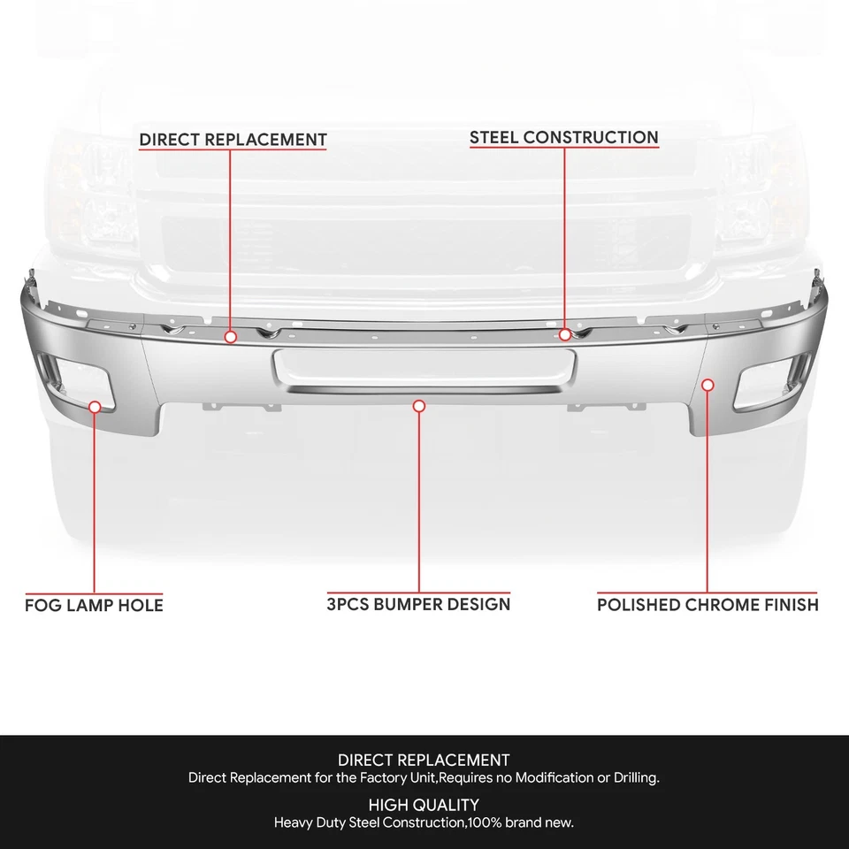 Front Chrome Bumper Face Bar w/ Fog Lamp Holes for 11-14 Silverado 2500 3500 HD Foto 2 de 4