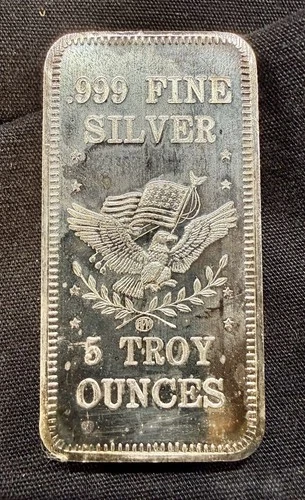 5 Troy ounce Silver .999 Fine Silver Bar Bullion With Eagle & Flag insignia