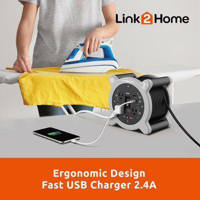 Cord Reel 30 Ft. Extension Cord 3 Power Outlets 2 USB Ports A/C 2.4A Fast Charge