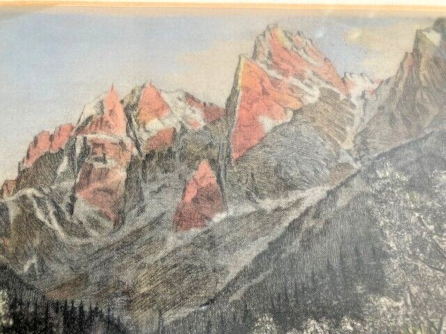Vintage Etching on silk, "SIGNED" H. LEISCH Chalet in the Alps