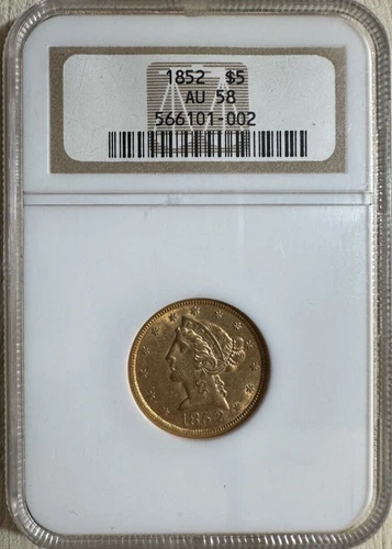 1852 $5 Liberty Head Gold Half Eagle NGC AU58