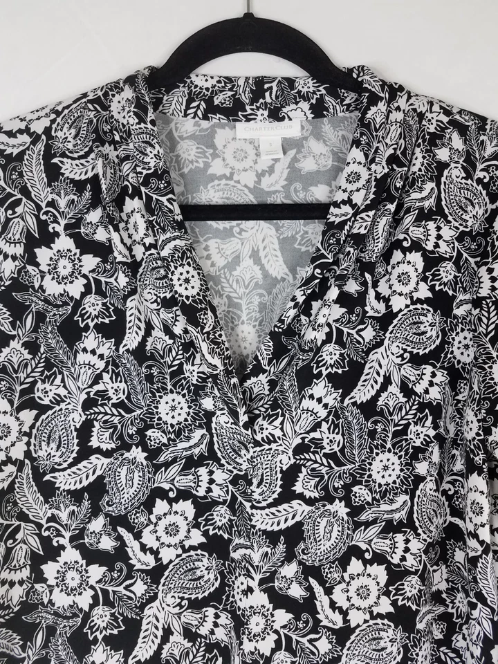 Blusa Top Charter Club Mujer Talla S Negra Blanca Floral Cachemira Manga 3/4 Foto 4 de 4