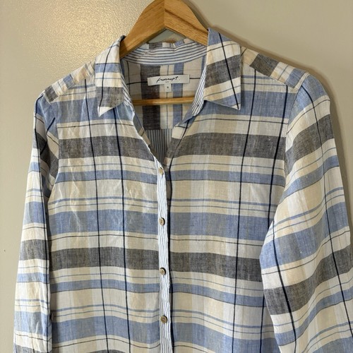 FoxCroft Linen Blue Plaid Stripe Button Up Shirt Long Sleeve Tunic Top Sz 8 - Picture 2 of 7