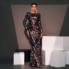 Evening Gown Long Sleeve Temperament Crew Neck Long Sequined Banquet Bridesmaid