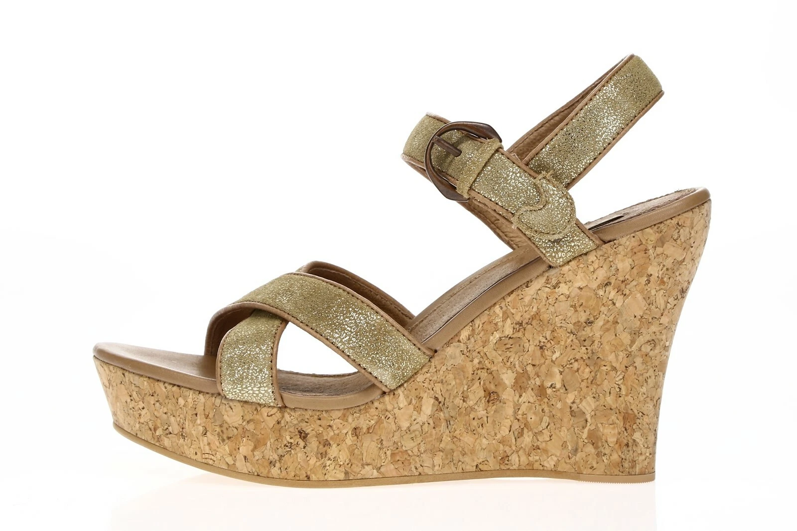 Sandalo donna UGG Australia oro lucido pelle cinturino alla caviglia zeppa alta misura 9 5