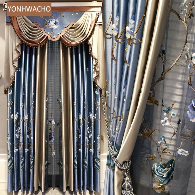 elegante palacio francés seda bordado tela azul apagón cortina cenefa C333 Foto 2 de 4