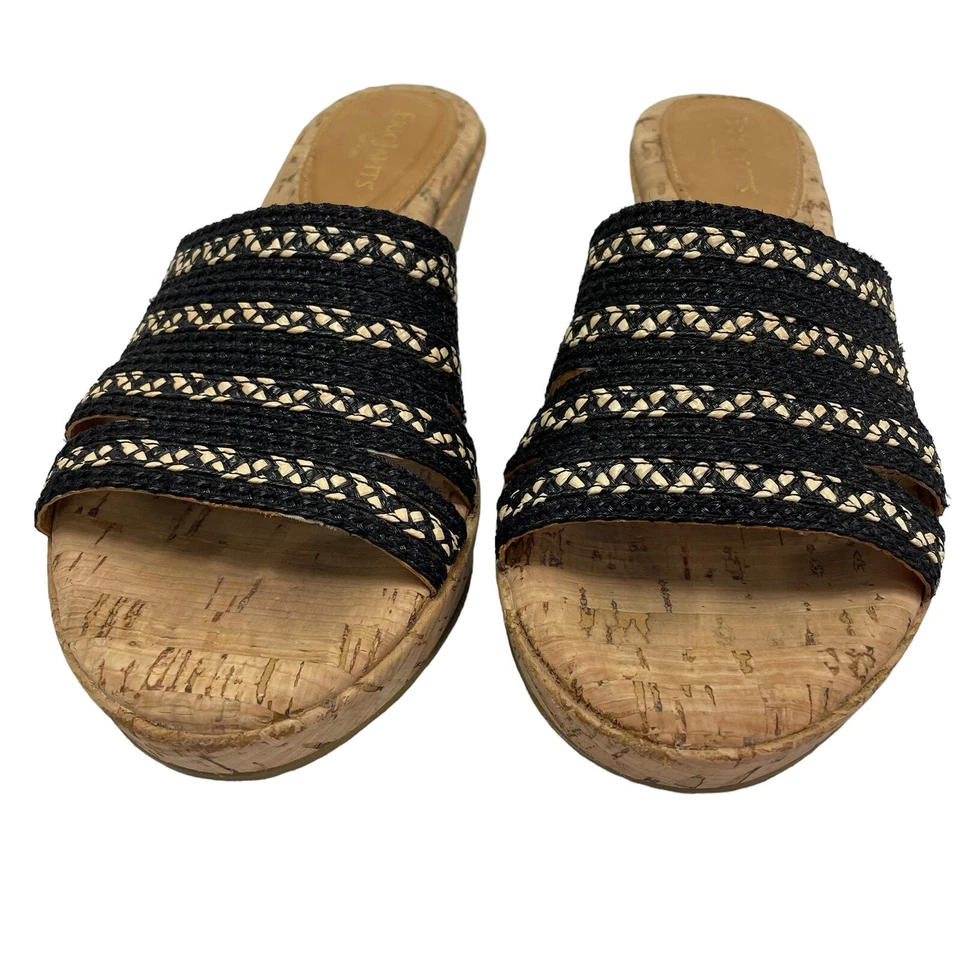 Eric Javits Rafia Slide Cuero Negro Trenzado Sin Cordones Cuña Mujer 8 Estrecha Foto 3 de 4