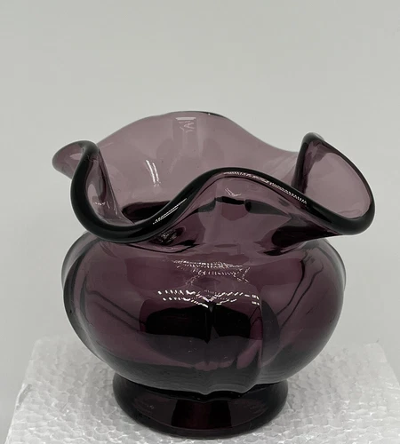 Fenton Dark Purple Amethyst Ruffled Edge Glass Rose Bowl Compote Vase  3.75" EUC