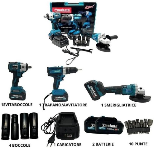 Kit 3 in 1 Trapano Avvitatore + Avvitatore a Impulsi + Smerigliatrice a Batteria - Foto 2 di 5