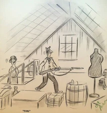 Original Comic Art Gag Cartoon Man Bayonet Dress Form in Attic