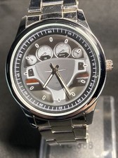 Steering Wheel Wristwatch Quartz ALL 0 No Numbers Silver Tone Works New Battery