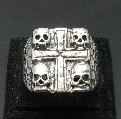 Schwerer echter Sterlingsilber Herrenring massiv 925 Schädel Kreuz Biker Handarbeit - Bild 2 von 6