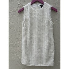 Ann Taylor Petite Cream White Tweed Fringe Trim Shift Dress Sleeveless 2P