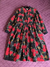 Vintage Talbots Women Corduroy Dress Black Red Floral Roses Buttons Front  14P