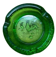 Vtg MCM Blenko GREEN Rooster Moon Stars 7” Cigar Ashtray THICK 3/4" Glass  Read