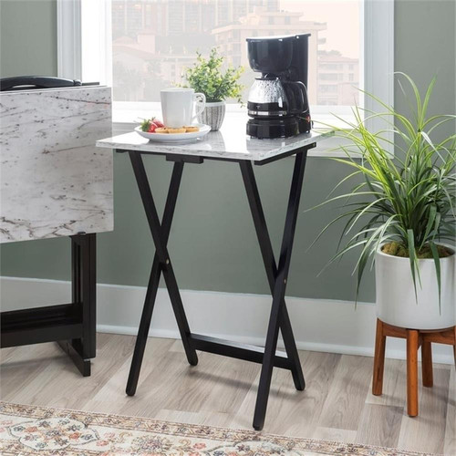 Riverbay Furniture 5-Piece Marble Folding Tray Table Set w/ Stand in White/Black - Picture 17 of 20
