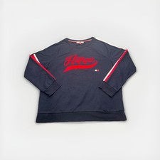 Tommy Hilfiger Women's Blue Red Crew Neck Sweater Sweatershirt Fleece Logo Flag