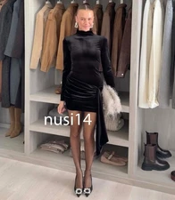 ZARA NEW WOMAN SHORT VELVET BELTED DRESS TONAL SASH BELT BLACK 9543/242/800