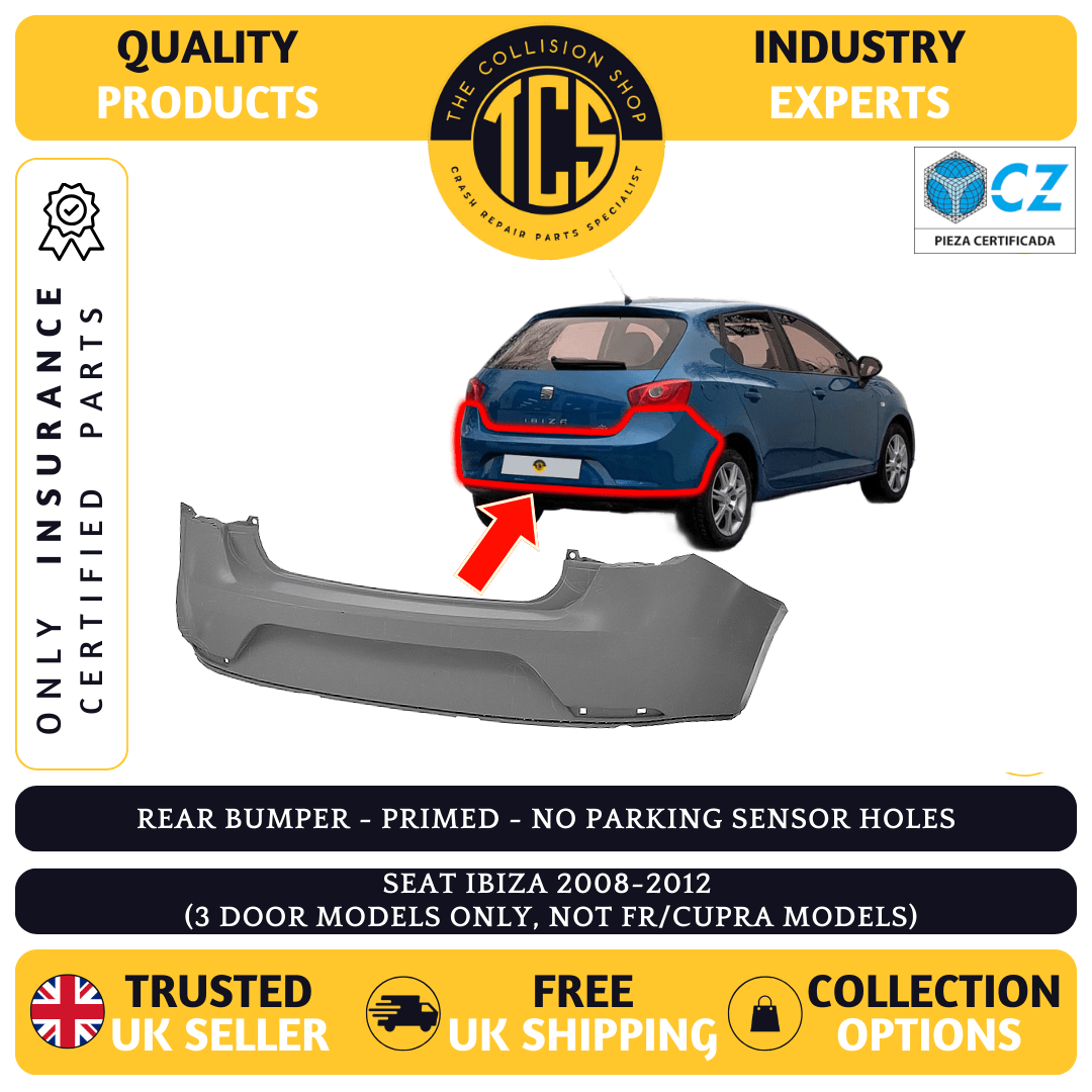 SEAT IBIZA 2008-2012 REAR BUMPER PRIMED 3 DOOR ONLY NO PDC - INSURANCE CERTIFIED