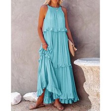 Women's Boho Halter Neck Ruffle Tiered Maxi Dress Summer Beach Vacation Sundress