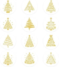 360Pcs Christmas Stickers, Gold Foil Christmas Tree Stickers Round Self Adhesive
