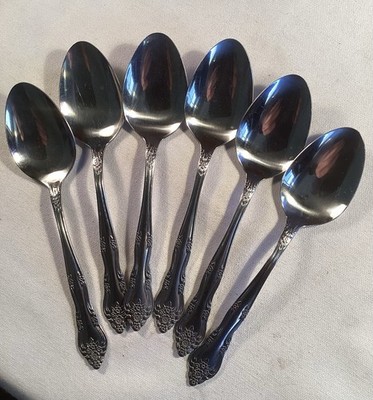 Set 6 Rogers DREAM ROSE Aka ROSE BUD Stainless SOUP SPOONS 7  Korea Vintage