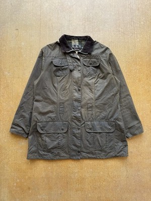 Barbour Waxed Cotton L1503 Utility Mac Zip Up Tartar Lining Jacket Coat Women XL
