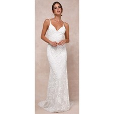 Lulus NWT White Sequin Beaded Backless Maxi Dress Bridal Wedding Reception S