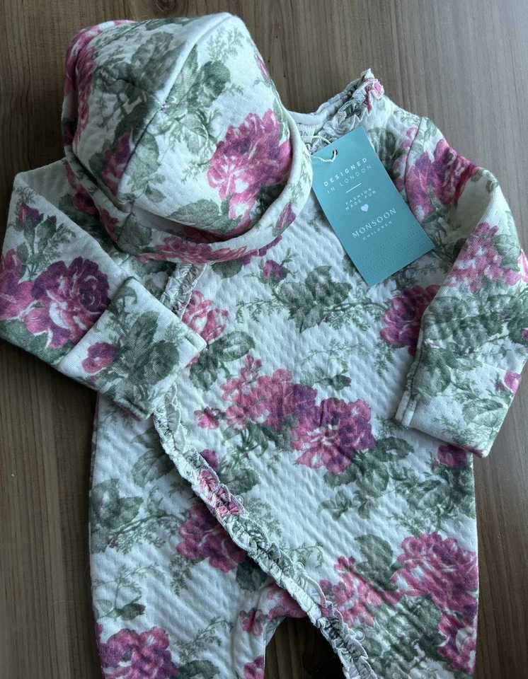 Monsoon Baby Girls Sleepsuit Outfit and Hat New with Tags 0-3 Months - Image 2 of 4