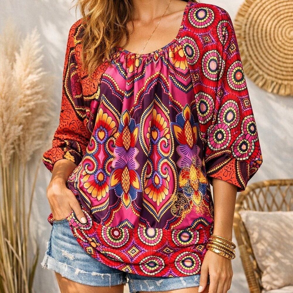 Blusa Top Desigual, Rosa Colorido Boho Bali Floral Bordado, Talla Pequeña