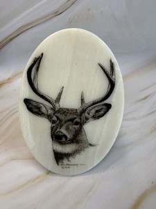 Vintage Deer Etching Buck On Marble Stone Plaque SIGNED Don Northcutt 1986 USA