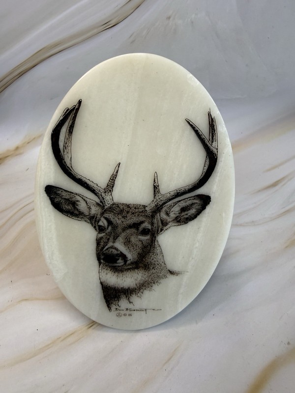 Vintage Deer Etching Buck On Marble Stone Plaque SIGNED Don Northcutt 1986 USA
