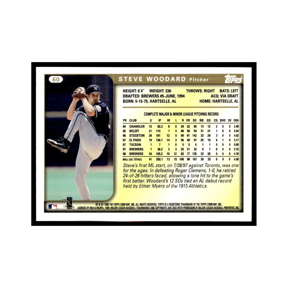 Steve Woodard 1999 Topps #60 Milwaukee Brewers Baseball Card NM - Image 2 of 3