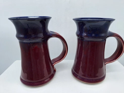 2 Vintage Mugs Art Pottery Red Blue Glaze Signed Knight 91 '  5 1/2 inch Tall