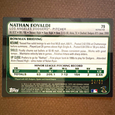 Topps Nathan Eovaldi 2010 Bowman Chrome #79 Refractor RC /150