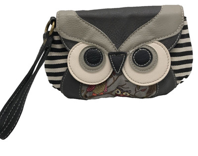 Owl Big Eyes Face Woodsy Stripe Snap Flap Clutch Wristlet Zipper  9 