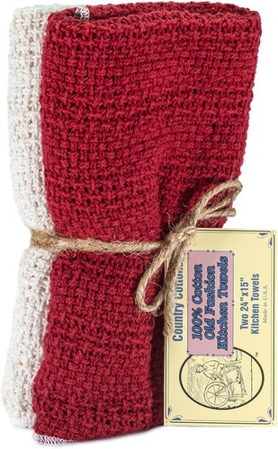 Old Fashion 100% Cotton Kitchen Towels - Set of 2-24"x15" Large, Red/Natural