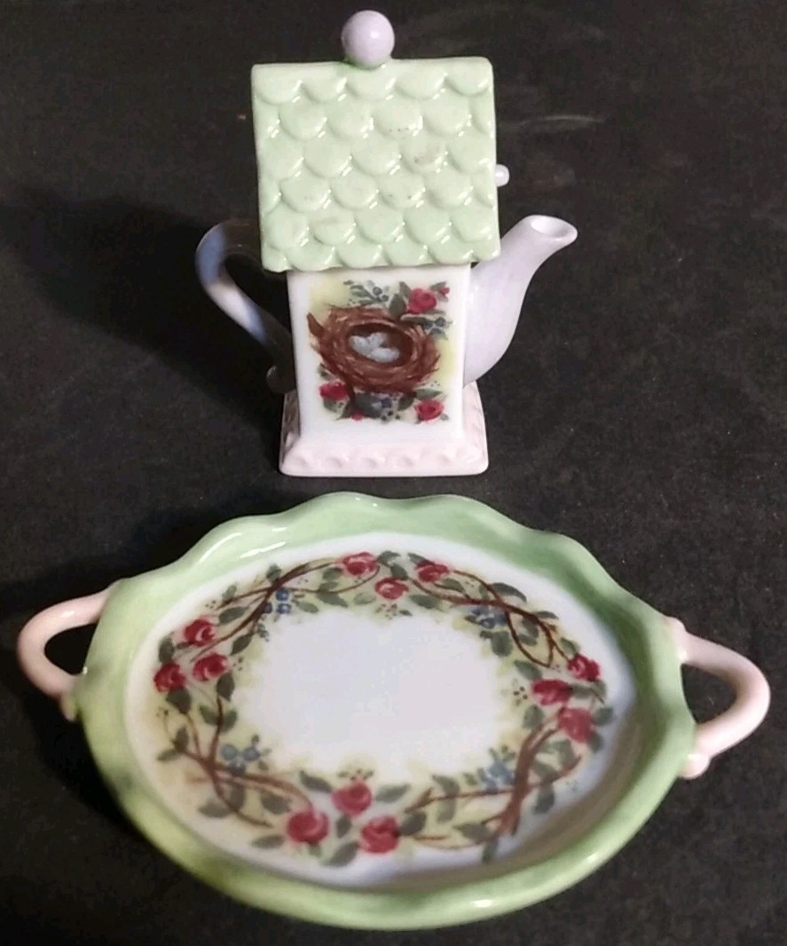 Cynthia Madrid Miniature Tea Pot & Tray Floral & Bird Nest Dollhouse Decor Items