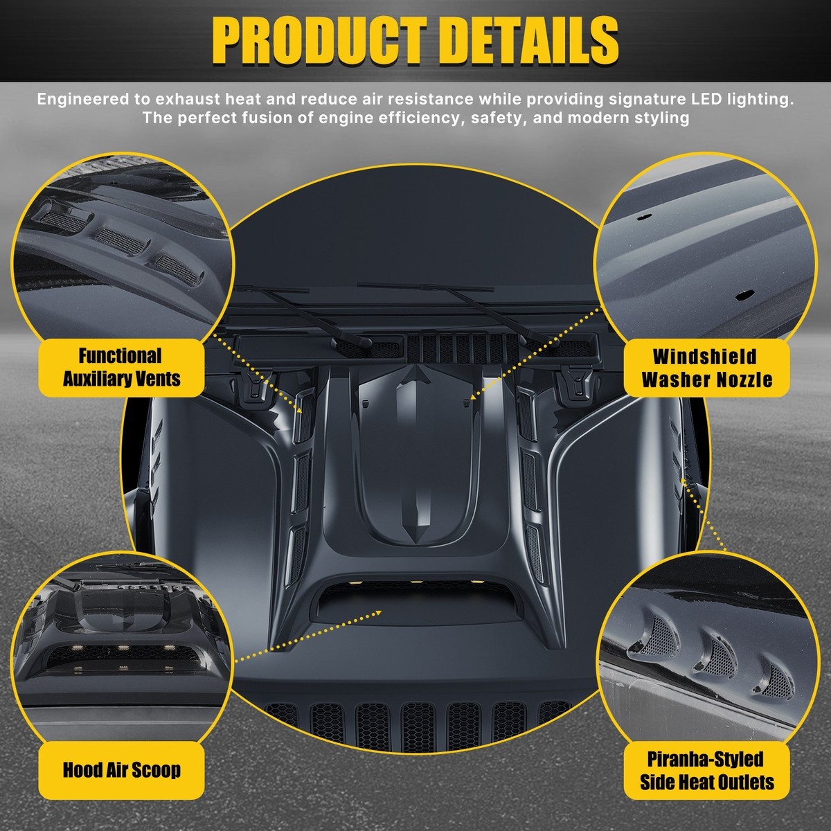 Upgraded Vented Hood w/ Central LEDs for 2018-2026 Jeep Wrangler