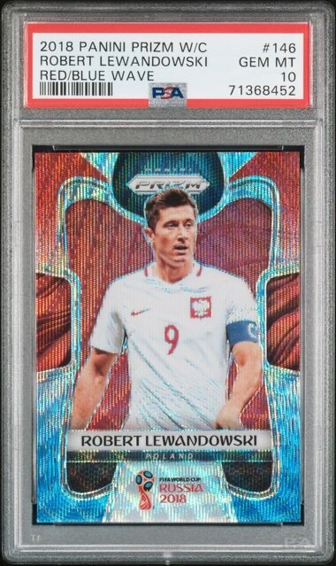 2018 Panini Prizm World Cup 146 Robert Lewandowski Red/Blue Wave PSA 10